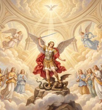 Obraz w stylu malarstwa religijnego renesansu przedstawiający archanioła Michała trzymającego miecz i stąpającego po wężu na niebie obok innych aniołów
