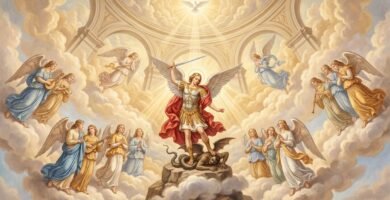 Obraz w stylu malarstwa religijnego renesansu przedstawiający archanioła Michała trzymającego miecz i stąpającego po wężu na niebie obok innych aniołów