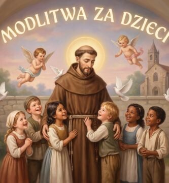 Obraz przedstawiający św. Antoniego z Padwy w otoczeniu dzieci, na tle malowidła ściennego, na którym widnieje tytuł artykułu oraz lecące anioły i gołębie.