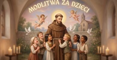 Obraz przedstawiający św. Antoniego z Padwy w otoczeniu dzieci, na tle malowidła ściennego, na którym widnieje tytuł artykułu oraz lecące anioły i gołębie.