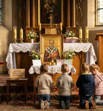 Obraz przedstawiający grupę dzieci modlących się na kolanach przy ołtarzu kościoła