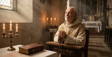 Obraz przedstawiający księdza modlącego się na kolanach w kościele, przed świecznikiem i Biblią, trzymającego w rękach różaniec
