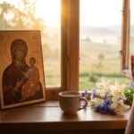 Obraz Matki Boskiej w portrecie obok okna, z kobietą przed sobą modlącą się przy kielichu i białym kwiecie
