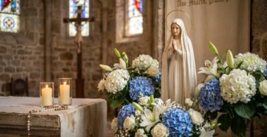Niewielka figurka Matki Boskiej w kościele otoczona jest kwiatami, świecami i różańcem. W tle, choć nieostry, widoczny jest Chrystus na krzyżu.
