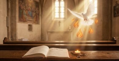 Zdjęcie wnętrza pustego kościoła parafialnego z Biblią i zapaloną świecą na ławce, nad którą lata biała gołębica