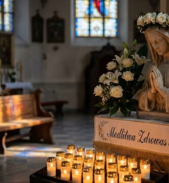 Obraz przedstawiający rzeźbę Matki Boskiej z bukietem kwiatów na głowie i białymi kwiatami wokół niej, a także świecami. Obraz znajduje się wewnątrz pustego kościoła.