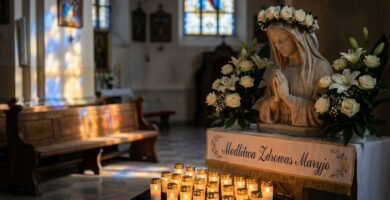 Obraz przedstawiający rzeźbę Matki Boskiej z bukietem kwiatów na głowie i białymi kwiatami wokół niej, a także świecami. Obraz znajduje się wewnątrz pustego kościoła.