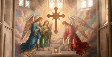 Obraz cokołu kościoła, na ścianie którego widnieją 3 archanioły i krzyż święty pośrodku