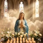 Obraz przedstawia figurę Matki Boskiej wewnątrz kościoła, otoczoną świecami i białymi kwiatami; w tle światło wpadające przez okna oświetla całą scenę.