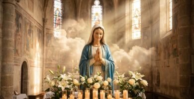 Obraz przedstawia figurę Matki Boskiej wewnątrz kościoła, otoczoną świecami i białymi kwiatami; w tle światło wpadające przez okna oświetla całą scenę.
