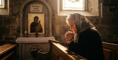 Zdjęcie starszej matki modlącej się w pustym kościele z obrazem Maryi w tle