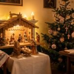 Obraz pokoju ze sceną narodzenia, choinką i Biblią z zapalonymi świecami.