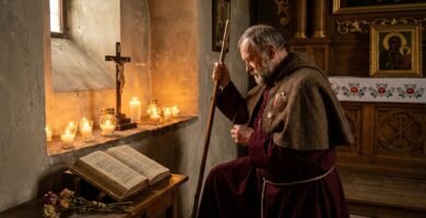 Obraz przedstawia klęczącego i modlącego się księdza w kościele, przed którym stoi krzyż Jezusa, świece i otwarta Biblia.
