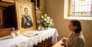 Obraz starszej kobiety modlącej się w kaplicy z wizerunkiem świętego Gerarda przed nią. Wokół niej leży otwarta Biblia, świece i kwiaty.