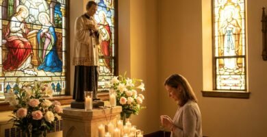 Obraz młodej matki modlącej się z różańcem w dłoniach w kościele przed figurą św. Antoniego