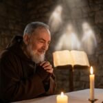Obraz przedstawiający Ojca Pio modlącego się w kościele parafialnym, w tle Biblia i zapalone świece