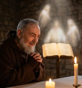 Obraz przedstawiający Ojca Pio modlącego się w kościele parafialnym, w tle Biblia i zapalone świece