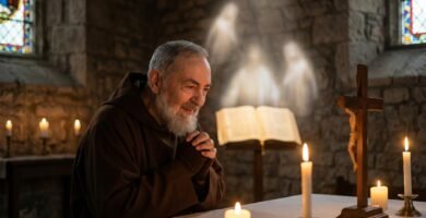 Obraz przedstawiający Ojca Pio modlącego się w kościele parafialnym, w tle Biblia i zapalone świece