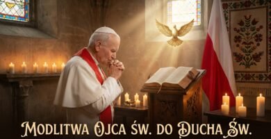 Obraz przedstawiający papieża Jana Pawła II modlącego się w kościele przed otwartą Biblią i białą gołębicą latającą wokół