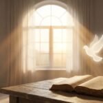 Obraz przedstawiający gołębia w kreskówkowej formie przelatującego nad stołem, na którym leży otwarta Biblia; w tle z okna wydobywa się intensywne światło.