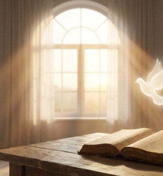 Obraz przedstawiający gołębia w kreskówkowej formie przelatującego nad stołem, na którym leży otwarta Biblia; w tle z okna wydobywa się intensywne światło.