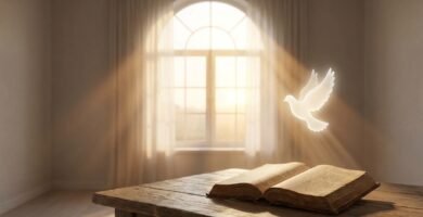 Obraz przedstawiający gołębia w kreskówkowej formie przelatującego nad stołem, na którym leży otwarta Biblia; w tle z okna wydobywa się intensywne światło.