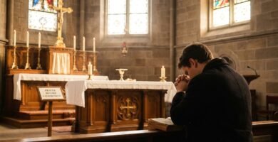 Obraz przedstawiający młodego mężczyznę modlącego się w pustym kościele przed ołtarzem, na którym wisi Jezus.