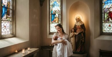 Obraz przedstawiający kobietę z noworodkiem na rękach wewnątrz kościoła, w tle figura Maryi z Dzieciątkiem Jezus