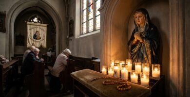 Obraz przedstawiający niewielki postument w kościele, na którym znajduje się popiersie Matki Bożej Bolesnej otoczone świecami i różańcem; w tle widać grupę modlących się starszych ludzi