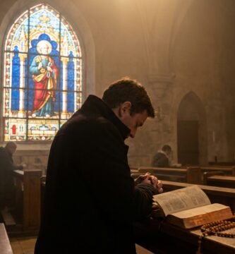 Zdjęcie przedstawia mężczyznę w średnim wieku, ubranego w czarny płaszcz, modlącego się w kościele, z Biblią i zapaloną świecą przed sobą. Wokół niego modlą się inni ludzie.
