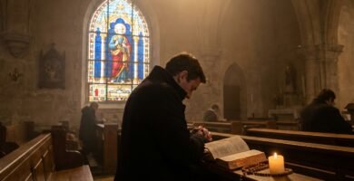 Zdjęcie przedstawia mężczyznę w średnim wieku, ubranego w czarny płaszcz, modlącego się w kościele, z Biblią i zapaloną świecą przed sobą. Wokół niego modlą się inni ludzie.