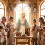 Obraz przedstawia liczną rodzinę składającą się z pary, osób starszych i dzieci modlących się w kaplicy, obok nich znajduje się wizerunek Matki Boskiej