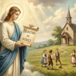 Obraz przedstawiający archanioła Gabriela na niebie, z dziećmi bawiącymi się na polu poniżej, obok kościoła. Obraz ma styl malarski.