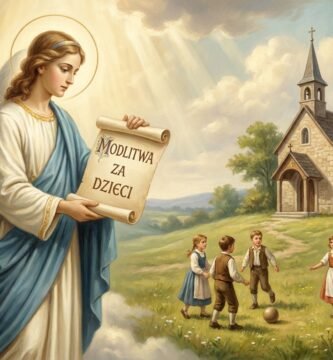 Obraz przedstawiający archanioła Gabriela na niebie, z dziećmi bawiącymi się na polu poniżej, obok kościoła. Obraz ma styl malarski.