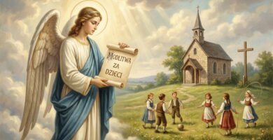 Obraz przedstawiający archanioła Gabriela na niebie, z dziećmi bawiącymi się na polu poniżej, obok kościoła. Obraz ma styl malarski.