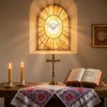 Obraz Ducha Świętego w oknie, z którego promieniuje intensywne złote światło; przed nim stół z fartuchem, świecami, otwartą Biblią, a pośrodku krzyż