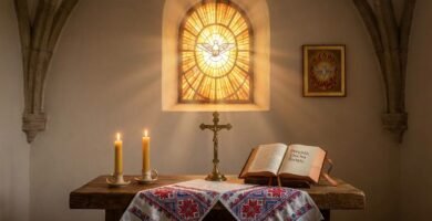 Obraz Ducha Świętego w oknie, z którego promieniuje intensywne złote światło; przed nim stół z fartuchem, świecami, otwartą Biblią, a pośrodku krzyż