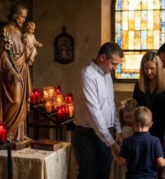 Obraz przedstawiający rodzinę trzymającą się za ręce i modlącą się w kościele parafialnym przed wizerunkiem św. Józefa z Jezusem na rękach