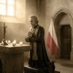 Obraz przedstawiający księdza Piotra Skargi modlącego się na kolanach przed małym ołtarzem, na którym znajdują się zapalone świece i Jezus na krzyżu; za nim światło wpada przez okno, oświetlając wnętrze małego kościoła