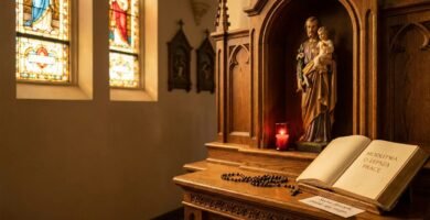 Obraz przedstawiający św. Józefa obok Jezusa wyrzeźbiony w drewnie wewnątrz kościoła, obok otwarta Biblia z tytułem artykułu
