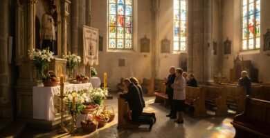Obraz wnętrza kościoła z obfitym jedzeniem i bogactwem na ołtarzu oraz grupą ludzi modlących się wokół niego