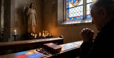 Zbliżenie starszego mężczyzny modlącego się w kaplicy, przed nim figura św. Rafała obok zapalonych świec