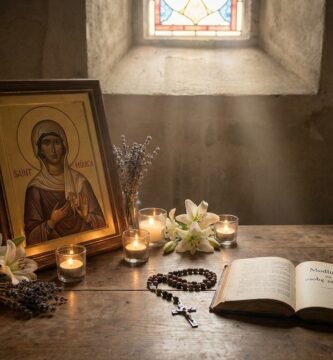 Obraz pokoju oświetlonego oknem, widzimy stół z wizerunkiem Maryi, zapalone świece, różaniec, otwartą Biblię i białe kwiaty