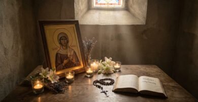 Obraz pokoju oświetlonego oknem, widzimy stół z wizerunkiem Maryi, zapalone świece, różaniec, otwartą Biblię i białe kwiaty