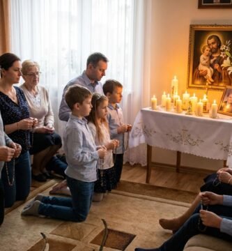 Obraz przedstawia dużą rodzinę modlącą się na kolanach w salonie; na stole w centrum widzimy zapalone świece i obraz św. Józefa