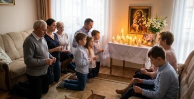 Obraz przedstawia dużą rodzinę modlącą się na kolanach w salonie; na stole w centrum widzimy zapalone świece i obraz św. Józefa