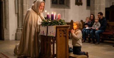 Zdjęcie dziecka w kościele z innymi dziećmi i rodzicami; dziecko otrzymuje błogosławieństwo od księdza ubranego na biało.