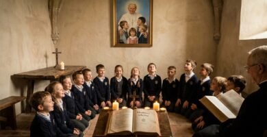 Zdjęcie grupy dzieci szkolnych siedzących i modlących się wokół Biblii, którą czyta ksiądz; w tle znajduje się zdjęcie Jana Pawła II z kilkoma dziećmi