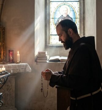 Obraz przedstawiający św. Maksymiliana jako młodego mężczyznę modlącego się z zamkniętymi oczami i klęczącego w kaplicy przed wizerunkiem Matki Boskiej i zapalonymi świecami