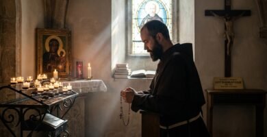 Obraz przedstawiający św. Maksymiliana jako młodego mężczyznę modlącego się z zamkniętymi oczami i klęczącego w kaplicy przed wizerunkiem Matki Boskiej i zapalonymi świecami